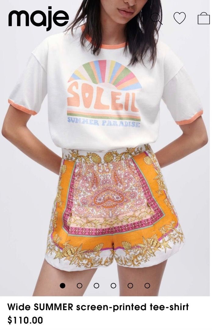 Maje Summer Graphic Tee (Fits S - M) (Category: Shirts) located in Cavite. Submitted by futurenostalgia (Listing ID 1452530872, Image 2). Description: MSelling a preloved Maje summer graphic tee in white with orange print. Fits Small to Medium comfortably. Brand: Maje Size: Fits S–M Color: White with orange graphic Measurements: 20” width | 24” length Condition: Lightly used Material: Comfy and lightweight Perfect for daily outfits or casual summ