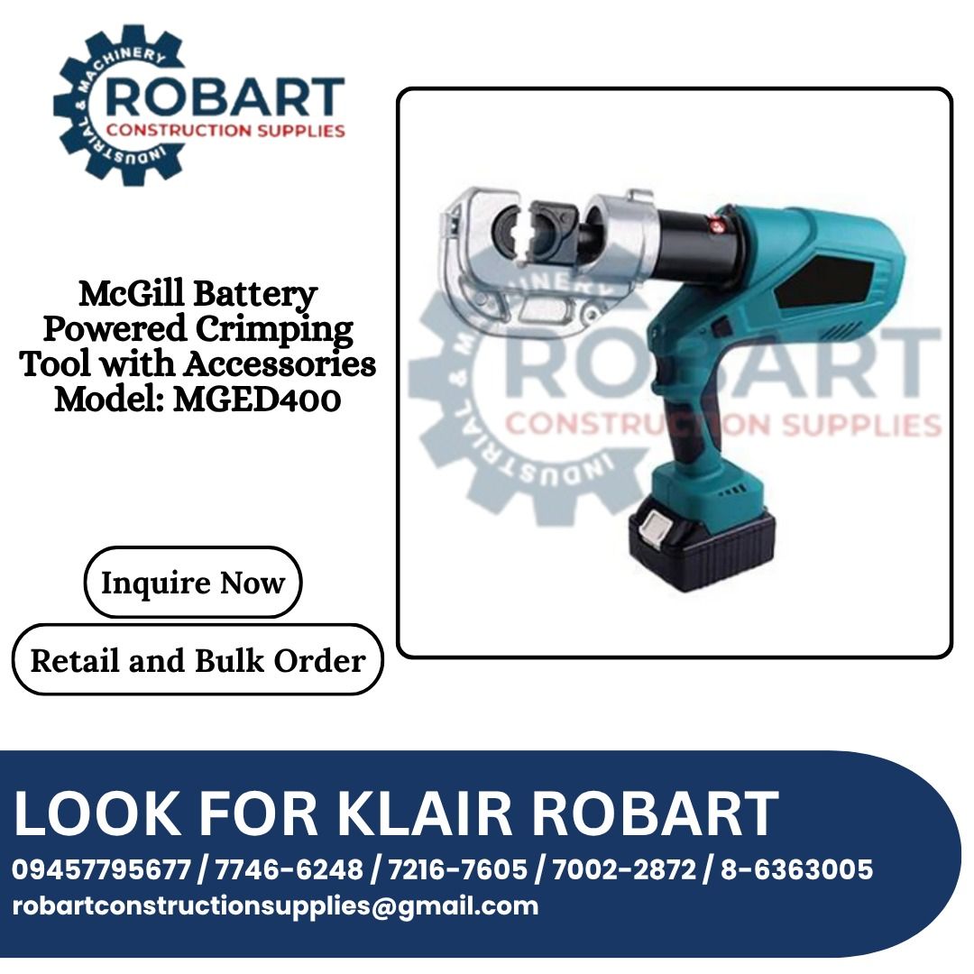McGill Battery Powered Crimping Tool with Accessories (Category: Construction Tools & Equipment) located in Caloocan City. Submitted by klair_robart (Listing ID 1452523805, Image 1). Description: BRAND: MCGILL MODEL: MGED400 BATTERY POWERED CRIMPING TOOL, CRIMPING FORCE: 120KN, STROKE: 42MM, CRIMP/CHARGE: 120TIMES(CU 150MM²), CRIMPING CYCLE: 6S-8S(DEPEND ON THE SIZE OF CABLE), 3.0AH, 18V, ACCESSORIES INCLUDED: CRIMPING DIES: 16,25,35,50,70,95,120