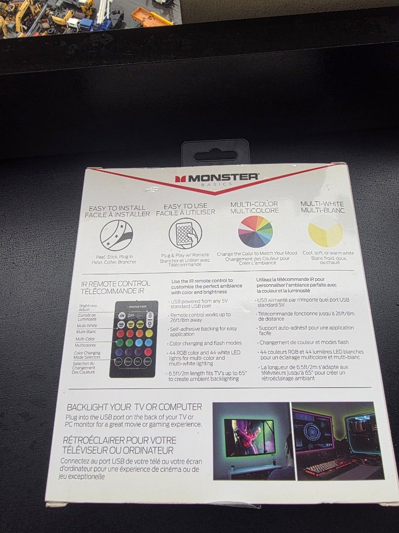 Monster Basics Multi-Color LED Light Strip for TV/PC (Category: Lighting) located in Manila. Submitted by sound.solution (Listing ID 1452654683, Image 2). Description: - Monster Basics USB LED Light Strip - 6.5ft (2m) length - Multi-color and multi-white options - Perfect for TV or PC monitor backlighting - Includes remote for easy color and brightness control - Simple self-adhesive installation - Plugs directly into any USB port.
