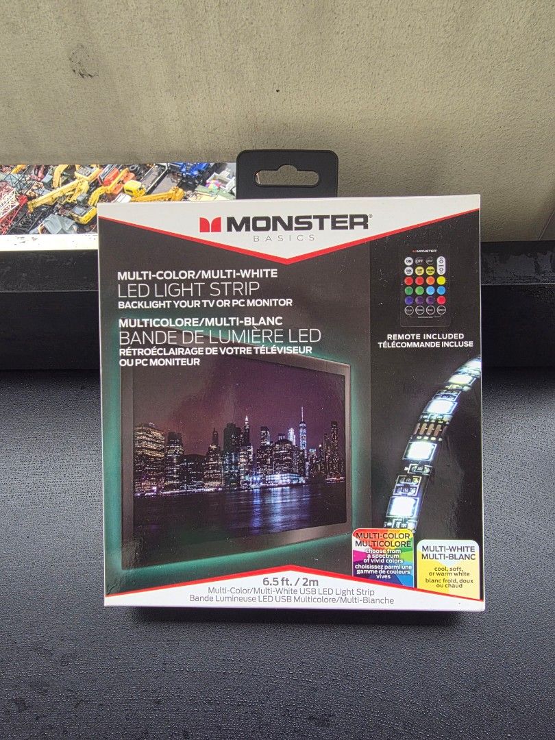 Monster Basics Multi-Color LED Light Strip for TV/PC (Category: Lighting) located in Manila. Submitted by sound.solution (Listing ID 1452654683, Image 1). Description: - Monster Basics USB LED Light Strip - 6.5ft (2m) length - Multi-color and multi-white options - Perfect for TV or PC monitor backlighting - Includes remote for easy color and brightness control - Simple self-adhesive installation - Plugs directly into any USB port.