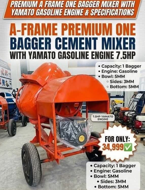 ONE BAGGER CEMENT MIXER (Category: Announcements) located in Manila. Submitted by yang07_vhen (Listing ID 1452521646, Image 1). Description: A-FRAME PREMIUM ONE BAGGER CEMENT MIXER WITH YAMATO GASOLINE ENGINE 7.5HP FOR ONLY:34,999✅✅ Capacity: 1 Bagger Engine: Gasoline Bowl: 5MM 3Mmsides 5mm Bottom FREE FREE FREE FREE 👇🏽👇🏽👇🏽 OPTION 1:ANGLE GRINDER AND IMPACT DRILL OPTION 2:WELDING MACHINE AND CORDLESS DRILL 12VOLTS OPTION 3:WHEEL BORROW 𝗔𝗩