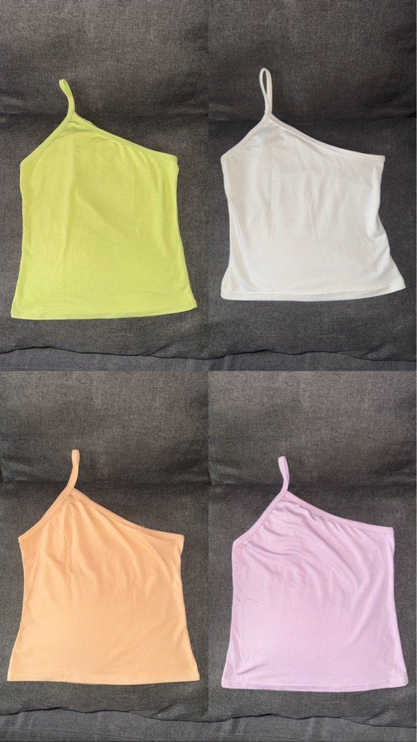 One Shoulder Tank Tops (Category: Sleeveless) located in Manila. Submitted by mjesaaa (Listing ID 1452581774, Image 1). Description: • ₱100 each or GET ALL 4 for ONLY ₱350 • lime green, white, beige, lavender/lilac • material: cotton, stretchy and comfortable • perfect for casual outings or lounging.