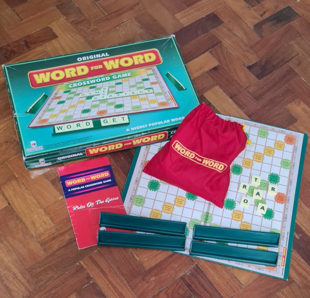 Original Word for Word Crossword Game (Category: Board Games & Puzzles) located in Manila. Submitted by lc_declut (Listing ID 1452608241, Image 1). Description: - Original Word for Word crossword board game - Includes game board, letter tiles, and tile racks - Comes with the rules booklet - Original box is included - Ideal for word game lovers - Great for family game nights.