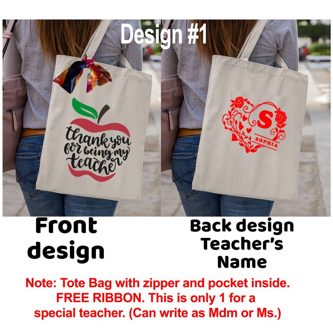 Personalized Teacher's Day Gift Set Custom Tote Bag + 28 Teacher Name Stickers + 30 Child Name Stickers + Ribbon (Category: Tote Bags) located in Singapore. Submitted by merlgiftshop (Listing ID 1452609018, Image 1). Description: A thoughtful personalized gift that teacher's will truly use and remember! Teacher's Day Personalized Gift Bundle Includes: *Personalized Tote Bag (with zipper and inside pocket) *28 Custom teacher name stickers *FREE 30