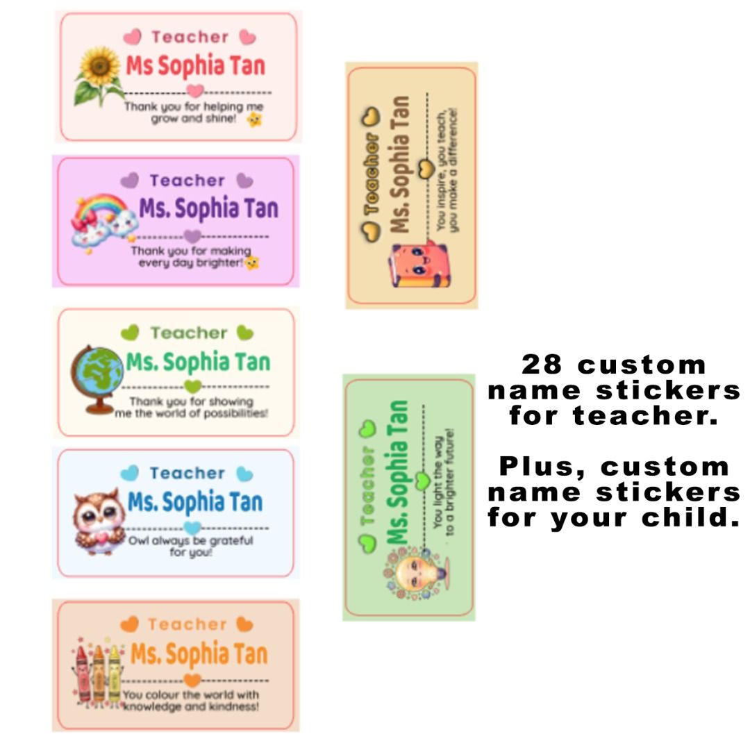Personalized Teacher's Day Gift Set Custom Tote Bag + 28 Teacher Name Stickers + 30 Child Name Stickers + Ribbon (Category: Tote Bags) located in Singapore. Submitted by merlgiftshop (Listing ID 1452609018, Image 2). Description: A thoughtful personalized gift that teacher's will truly use and remember! Teacher's Day Personalized Gift Bundle Includes: *Personalized Tote Bag (with zipper and inside pocket) *28 Custom teacher name stickers *FREE 30