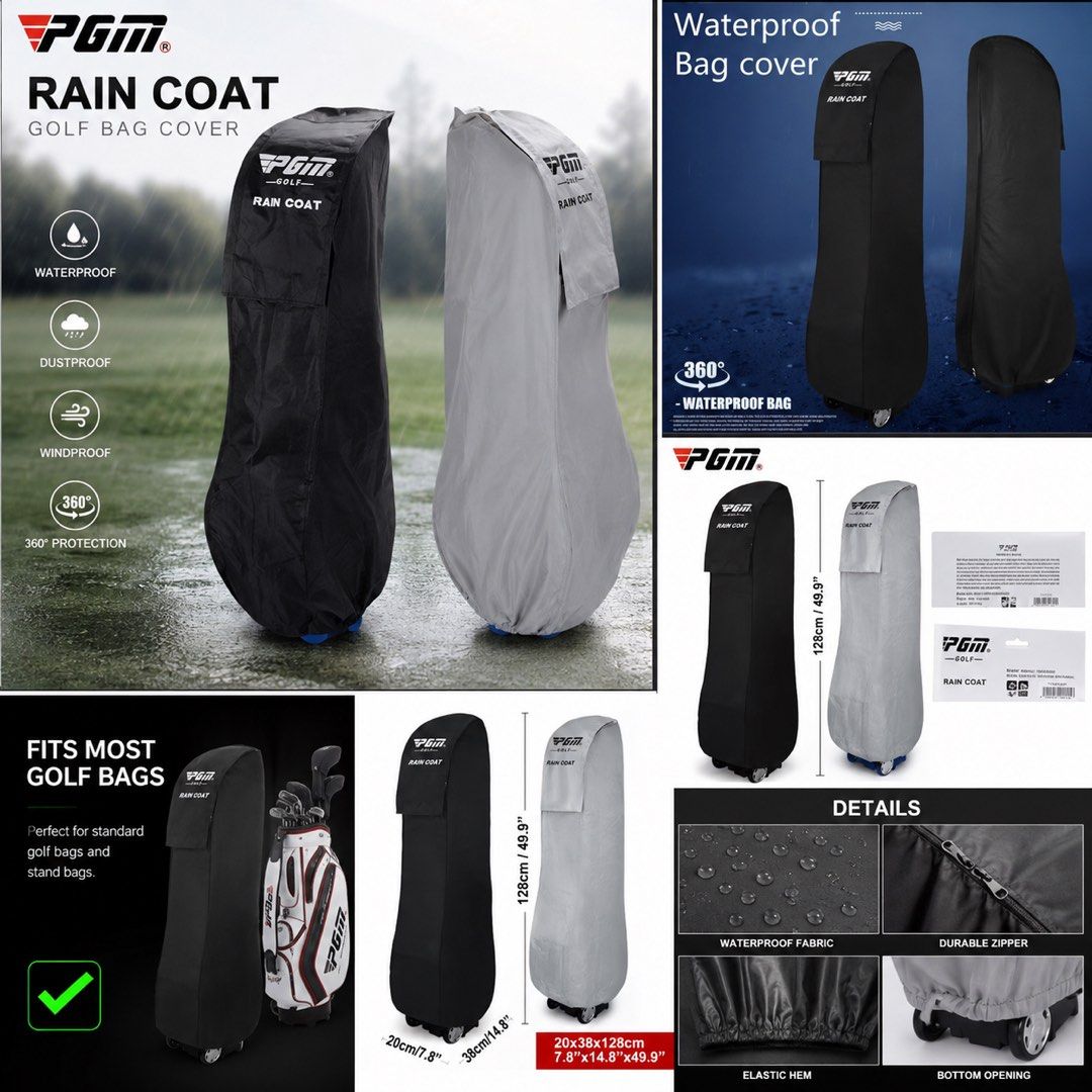 PGM Golf Bag Rain Coat Waterproof Cover (Category: Golf) located in Quezon City. Submitted by thriftshopmar (Listing ID 1452651236, Image 1). Description: - Protects your golf bag from rain and dust - Waterproof and dustproof 360° protection - Fits most standard golf bags and stand bags - Durable zipper and elastic hem for a secure fit - Available in black and grey - Easy to roll and store.
