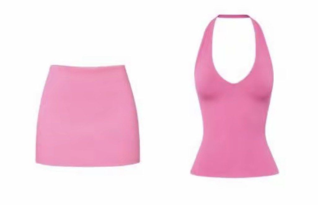 Pink Halter Top & Mini Skirt Co-ord Set (Category: Sets or Coordinates) located in Manila. Submitted by klauuudette (Listing ID 1452698096, Image 2). Description: Selling this adorable pink halter top and mini skirt co-ord set. Still in excellent condition and ready to wear. Wore once. ✨ Details: • 2-piece matching set/Stretchable • Halter neck top • Mini skirt • Soft, stretchy, and body-hugging fit • Perfect for casual outings, beach trips, vaca