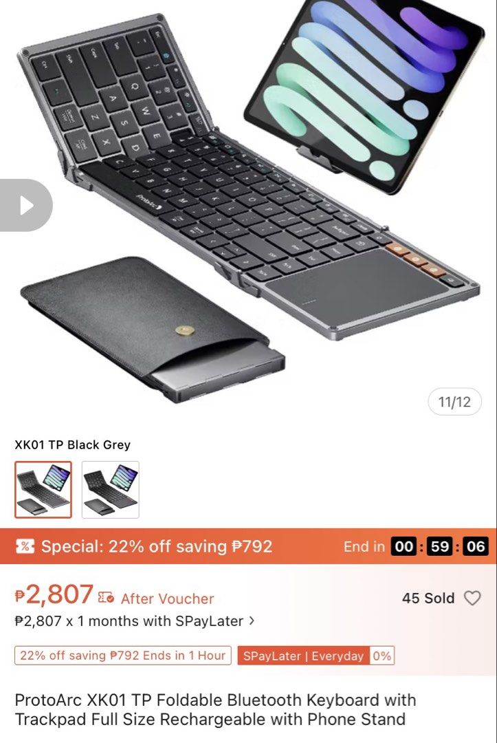 ProtoArc XK01 Foldable Bluetooth Keyboard with Trackpad (Category: Computer Keyboard) located in Cavite. Submitted by baobaodeclutter (Listing ID 1452581810, Image 3). Description: - ProtoArc XK01 Foldable Bluetooth Keyboard (Black Grey) - Built-in Trackpad for easy navigation - Integrated Phone Stand for hands-free use - Rechargeable battery for convenience - Includes protective sleeve for portability - Wireless connectivity via Bluetooth - Idea