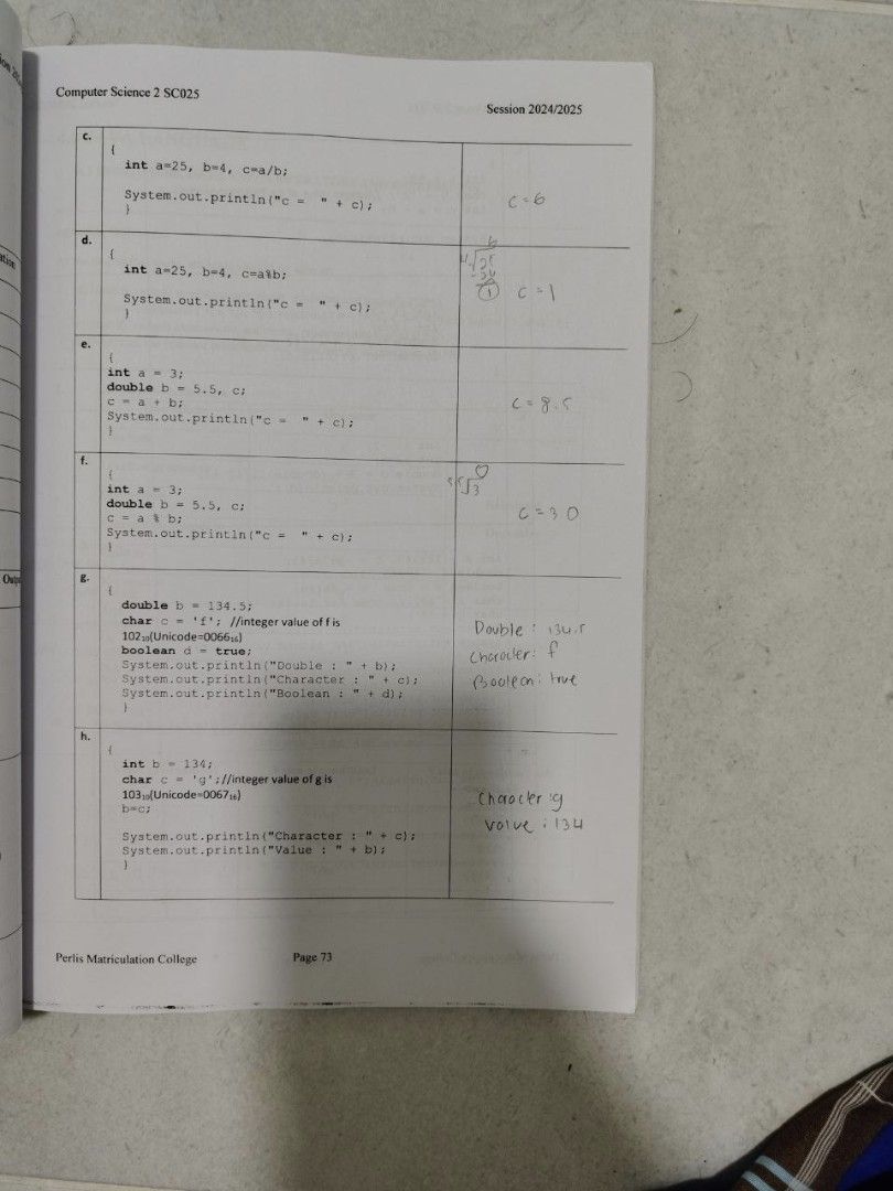 SC025 Computer Science 2 Java Programming Tutorial Book (Category: Assessment Books) located in Kangar. Submitted by rewearstudioo (Listing ID 1452535432, Image 2). Description: - Tutorial book for SC025 Computer Science 2 (Java Programming) - Covers sessions 2024/2025 - Includes exercises and flowcharts - Prepared by Perlis Matriculation College students - Contains some handwritten notes and answers - Ideal for revision.