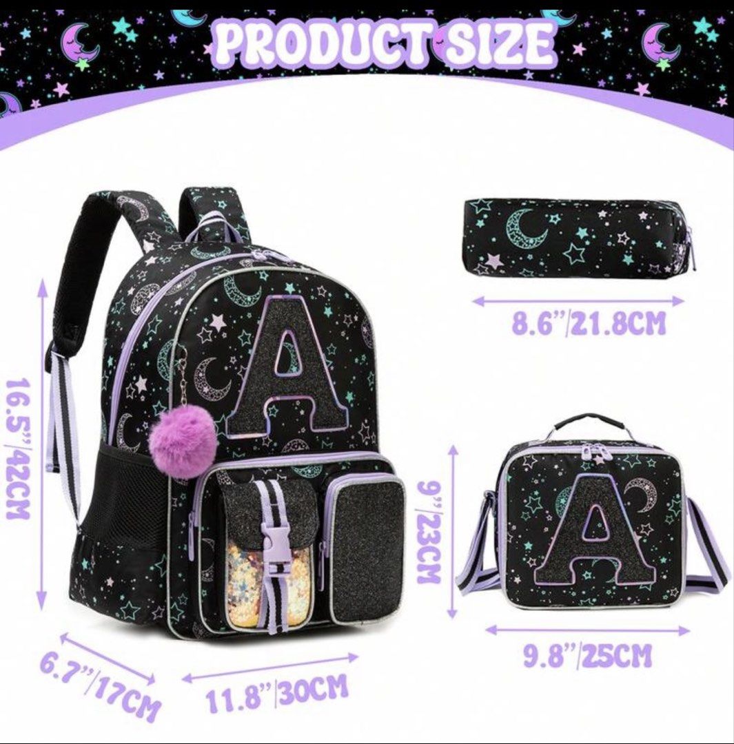 School Trolley Bag (Category: Babies & Kids Fashion) located in Muntinlupa City. Submitted by nonhoarder (Listing ID 1452641652, Image 3). Description: - Adorable 3-piece set for kids - Includes rolling backpack, lunch bag, and pencil case - Fun black starry night pattern with moons and stars - Each item features a glittery letter 'A' appliqué - Backpack has wheels and retractable handle for easy transport - Lunch bag includes a convenient should
