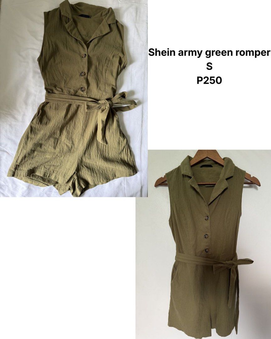 Shein Army Green Collared Button-Up Romper Size S (Category: Rompers) located in Antipolo. Submitted by errrilemon (Listing ID 1452536478, Image 2). Description: - Army green romper from Shein - Sleeveless design - Collared neckline - Button-up front - Includes tie belt for waist cinching - Textured fabric - Ideal for casual outings -dm for ww photo.