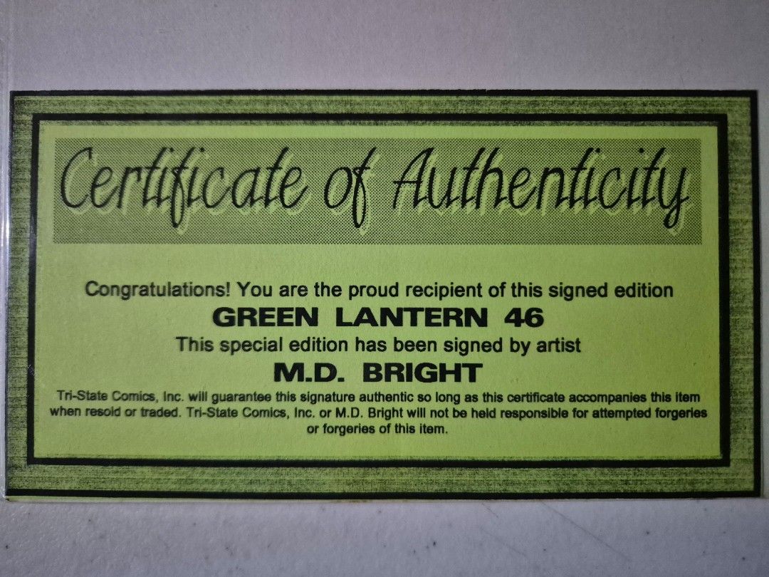 Signed Green Lantern Comics with Numbered COA & other DC Titles (Category: Comics & Manga) located in Muntinlupa City. Submitted by royalstar-4914 (Listing ID 1451831022, Image 2). Description: Signed Green Lantern Comics with Numbered COA & other DC Titles 1) Green Lantern #46 signed by M.D Bright(Cover Artist) with Certificate of Authenticity numbered 586/2000 2)Convergence #8 triple signed by Carlo Pagulayan, M. Jason & Stephen Segovia 3) Supe
