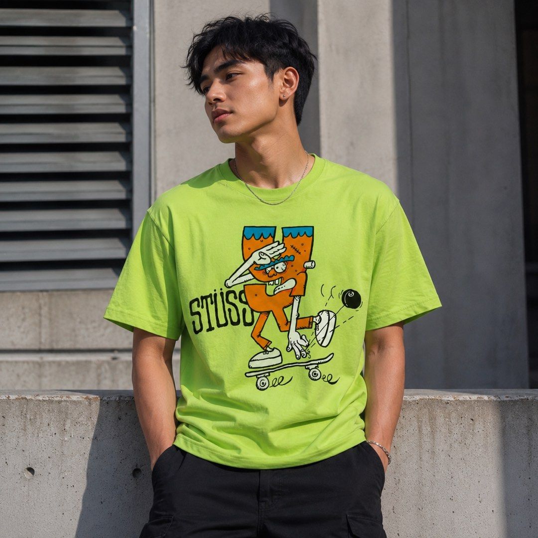 Stussy Graphic Tee Neon Green (Category: Tshirts & Polo Shirts ) located in Dapitan. Submitted by payt3es_thrift. (Listing ID 1452626851, Image 1). Description: - Vibrant neon green Stussy graphic t-shirt. - Features a fun cartoon character skateboarding on the front. - Row of illustrated characters at the back hem. - Made of 100% comfortable cotton. - Easy care: Machine washable. -dimes 19x29.