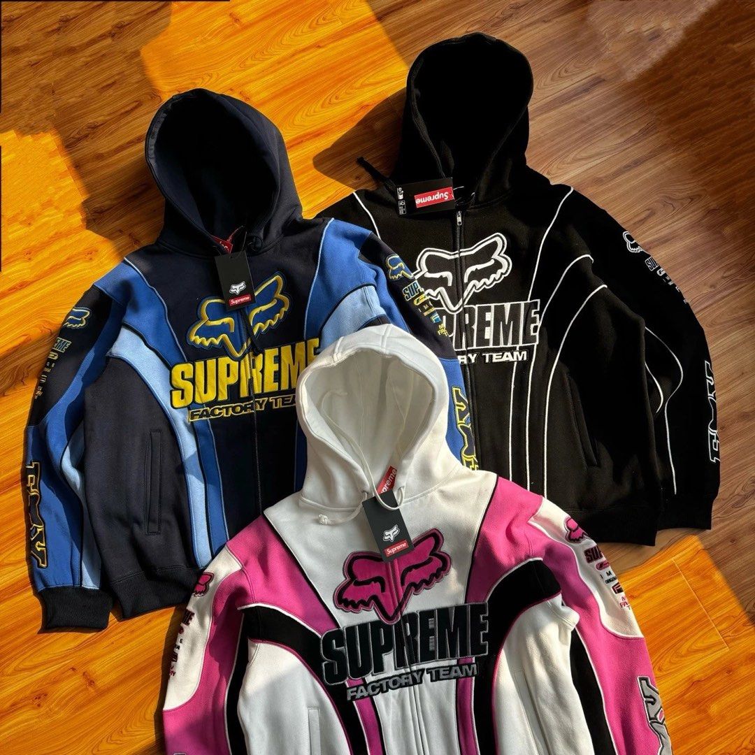 Supreme Fox Racing Zip Up Hooded Sweatshirt (Category: Hoodies) located in Manila. Submitted by godspeedmnl (Listing ID 1452568190, Image 2). Description: Supreme Fox Racing Zip Up Hooded Sweatshirt 11,589PHP / Sizes: S, M, L, XL Colorway: Blue, Black, Pink/White, Realtree Hardwoods Camo (Feel free to message me for additional photos.) Package included: • Supreme Fox Racing Zip Up Hooded Sweatshirt x 1 • Godspeed Mnl Paper Bag • Godspeed Mnl logo