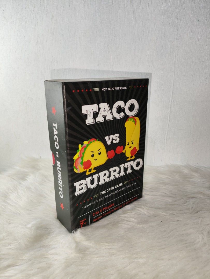 Taco vs Burrito Card Game by Hot Taco (Category: Board Games & Puzzles) located in Cavite. Submitted by tinetaclesss (Listing ID 1452546522, Image 3). Description: - Fun card game for 2 to 4 players. - Battle to build the weirdest, wildest meal! - complete - Easy to learn and quick to play. - Suitable for ages 7 and up..