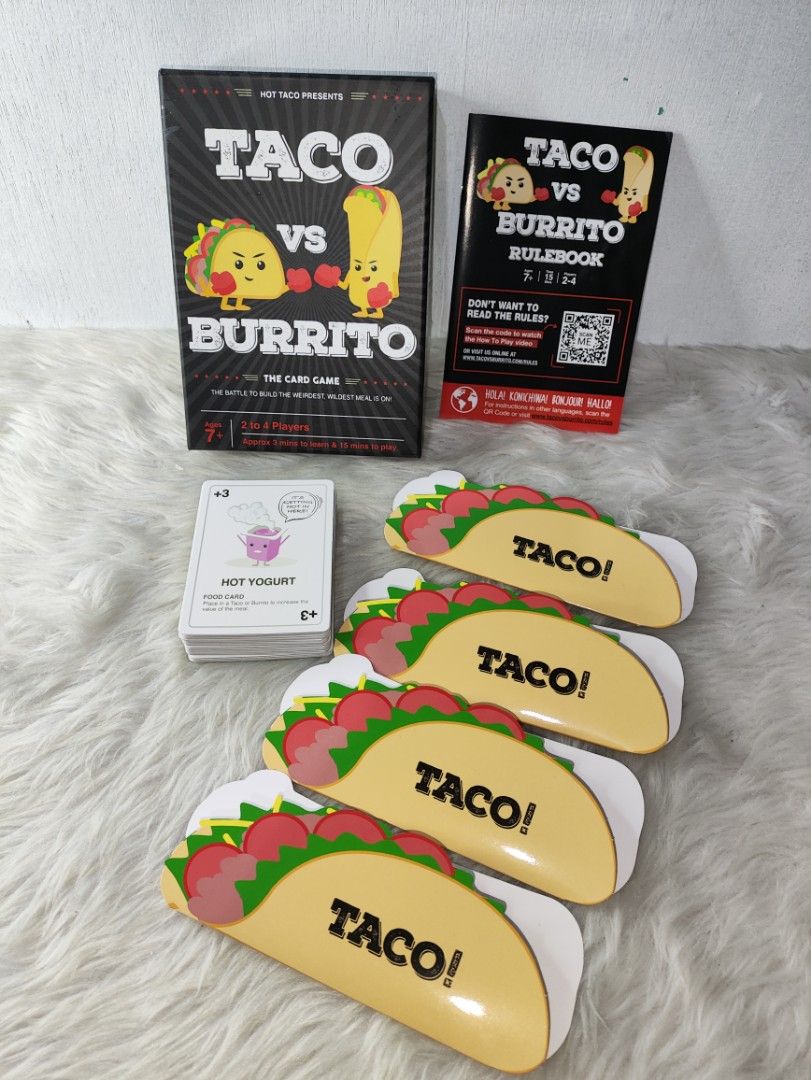 Taco vs Burrito Card Game by Hot Taco (Category: Board Games & Puzzles) located in Cavite. Submitted by tinetaclesss (Listing ID 1452546522, Image 2). Description: - Fun card game for 2 to 4 players. - Battle to build the weirdest, wildest meal! - complete - Easy to learn and quick to play. - Suitable for ages 7 and up..