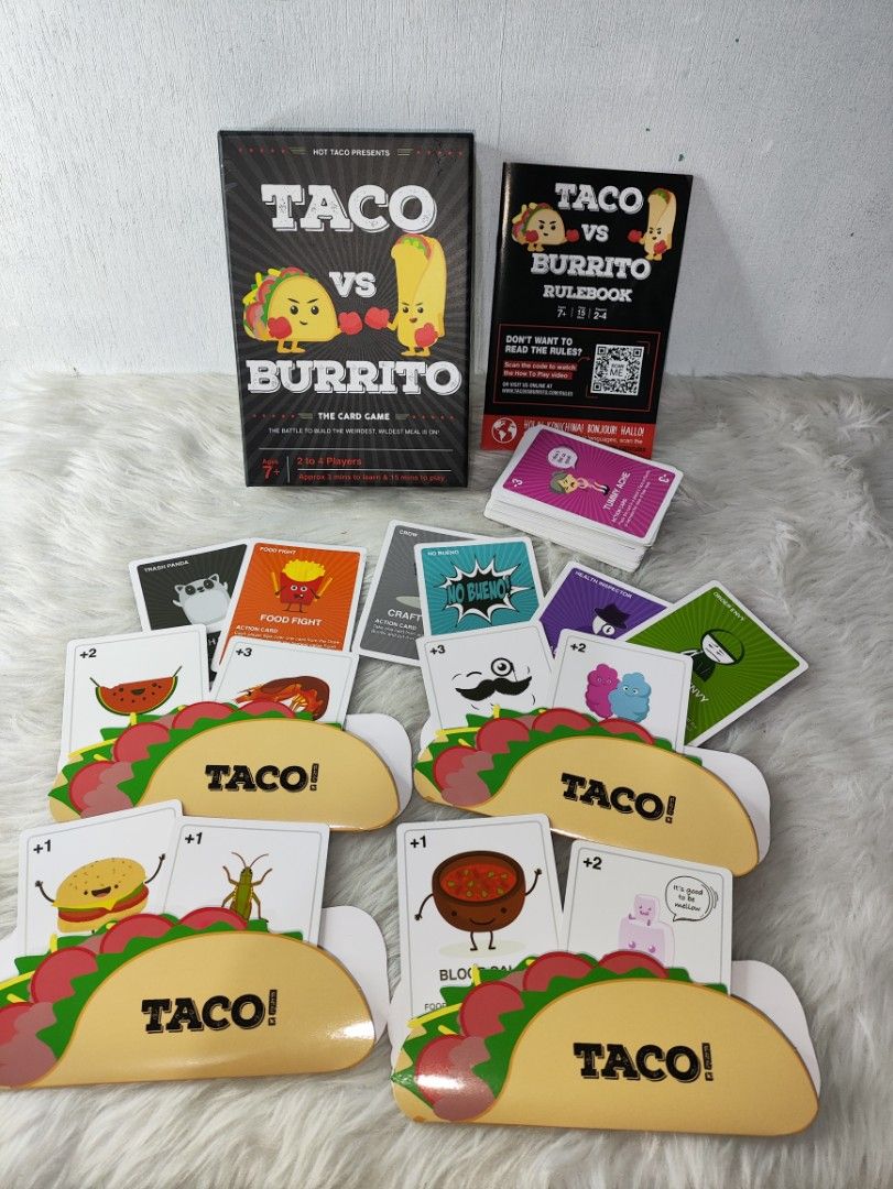 Taco vs Burrito Card Game by Hot Taco (Category: Board Games & Puzzles) located in Cavite. Submitted by tinetaclesss (Listing ID 1452546522, Image 1). Description: - Fun card game for 2 to 4 players. - Battle to build the weirdest, wildest meal! - complete - Easy to learn and quick to play. - Suitable for ages 7 and up..