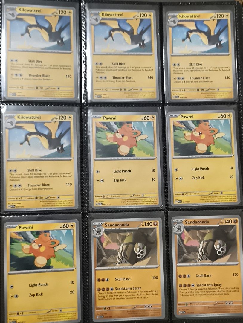 Pokemon Cards 2023 Mcdo McDonald's (Category: Raw Singles) located in Paranaque City. Submitted by jnllec (Listing ID 1452547521, Image 1). Description: - Pokemon Cards 2023 Mcdo McDonald's - 30 cards - Includes: Kilowattrel, Pawmi, Sandaconda, Cetoddle, Flittle, Kirlia, Blissey, Cyclizar, Tandemaus, QR cards: Pikachu - 80 pesos each; except pikachu QR card is 150 pesos - Take all price: 2,200 pesos.