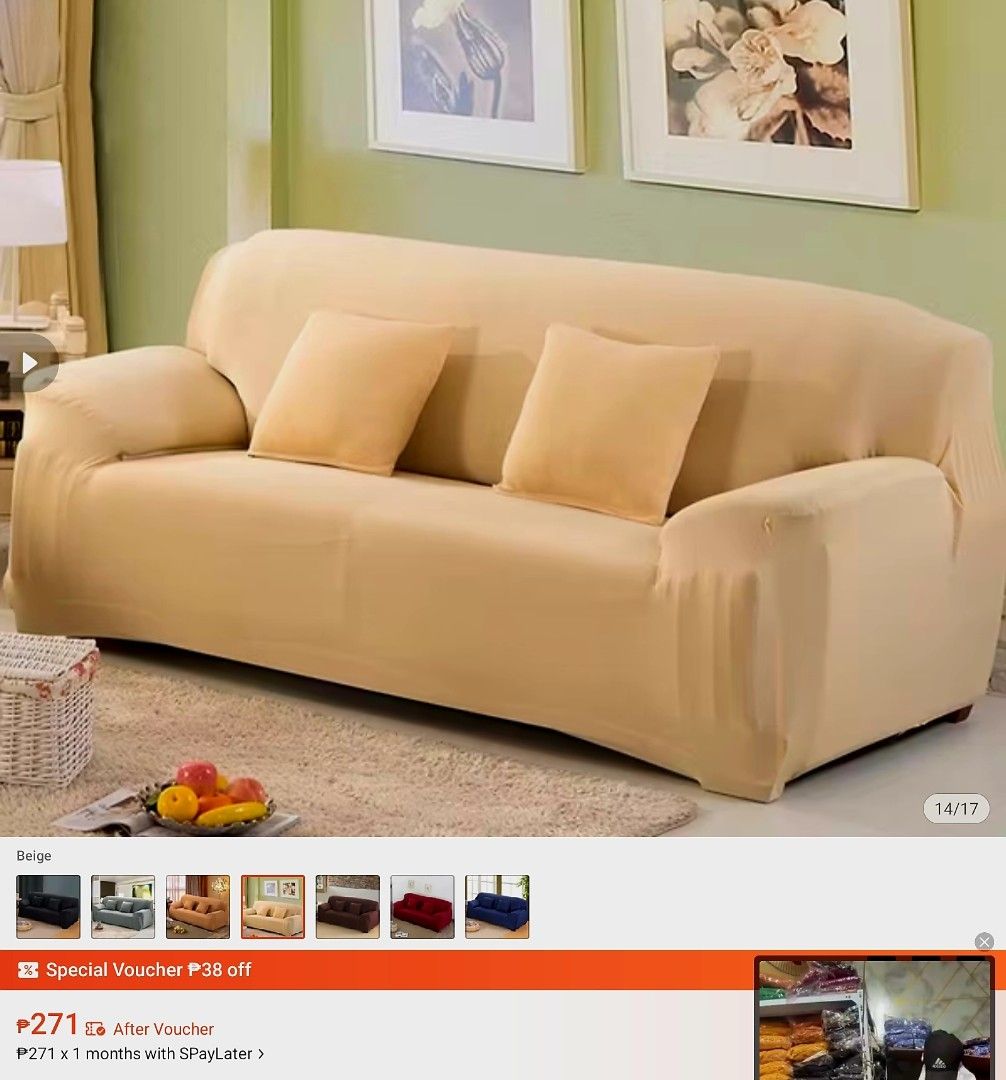 Take All Stretchable Sofa Cover Set - Beige (Category: Sofas) located in Alaminos. Submitted by shee09 (Listing ID 1452648922, Image 1). Description: - Beige sofa cover set - Made of stretchable material - Fits most standard sofas - Easy to put on and take off - Protects sofa from spills and wear - Includes covers for sofa and cushions - Perfect for a living room refresh.
