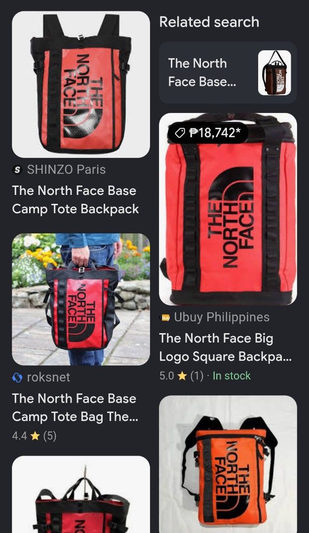 The North Face Base Camp Tote Backpack Red (Category: Backpacks) located in Cebu City. Submitted by MrLiks_123 (Listing ID 1452551348, Image 3). Description: THE NORTH FACE base camp PVC waterproof laminated duffel tote bag Length 17 / width 15½ Heavy-Duty Construction : - It utilizes the iconic water-resistant TPE PVC fabric that allows the bag to keep its boxy shape and easily wipe clean Modular Straps: - It features standard top handles for ha