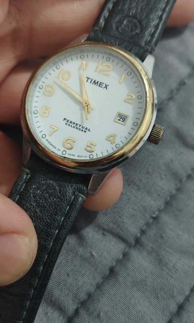 Timex Perpetual Calendar Indiglo WR50M (Category: Men's Watches) located in Cebu City. Submitted by aceoftime (Listing ID 1452662316, Image 3). Description: In good working condition Pre-owned Analog quartz movt with date display Fitted with original black leather band Watch only Our Guarantee: 💯 Authentic All watches are checked by our experienced tech to ensure good functionality Please manage your expectations since these are preloved watches