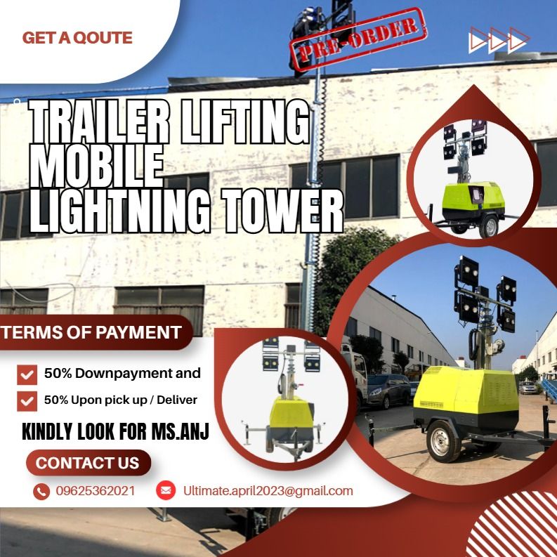 Trailer Lifting Mobile Lightning Tower For Sale (Category: Home Improvement Tools & Accessories) located in Pasig City. Submitted by akiramckency (Listing ID 1452568813, Image 1). Description: 🌏 WE DELIVER NATIONWIDE🌏 👉 FOR ORDER 👉 Send Us message Bellow👇 👇 👇 ✨ Terms Of Payment: ✨ 50% Downpayment and ✨ 50% Upon pick up / Deliver 📍 LOCATED IN PASIG CITY.