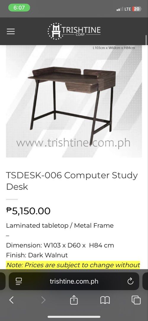 TSDesk-006 Computer Study Desk Dark Walnut (Category: Tables & Sets) located in Quezon City. Submitted by ayasevilla (Listing ID 1452609850, Image 2). Description: - Stylish dark walnut finish - Sturdy metal frame - Laminated tabletop for durability - Dimensions: W103cm x D60cm x H84cm - Ideal for home office or study area - Simple assembly required - Sold as is May missing and loose screws 🥲 pero kaya pa rin tumayo. Aside dyan, may signs of use