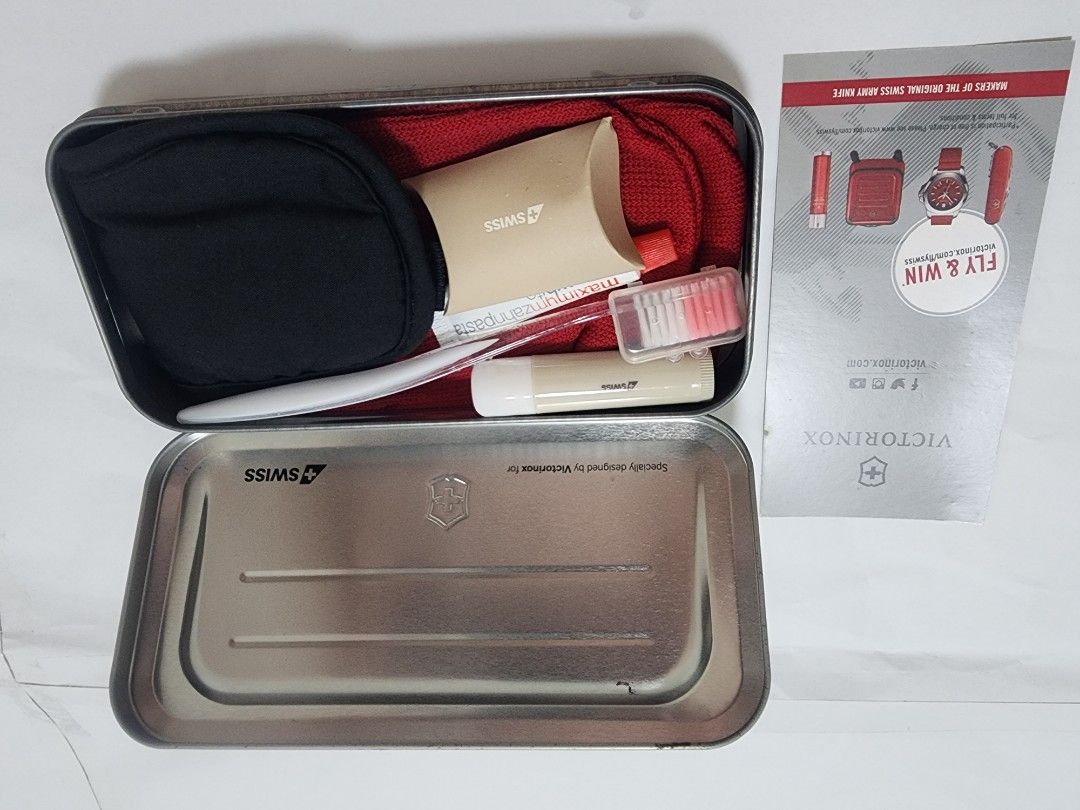 Victorinox Amenity Silver Tin Can Box (Category: Accessory Holder, Box & Organizers) located in Pasig City. Submitted by jam1ekow (Listing ID 1452660112, Image 3). Description: never used Victorinox metal amenity kit tin, featuring a sleek, understated design based on their iconic Spectra suitcase Brand: Victorinox. Business Class amenity kit for Swiss International Air Lines Material: Magnetic metal (iron sheet with surface treatment). Dimension