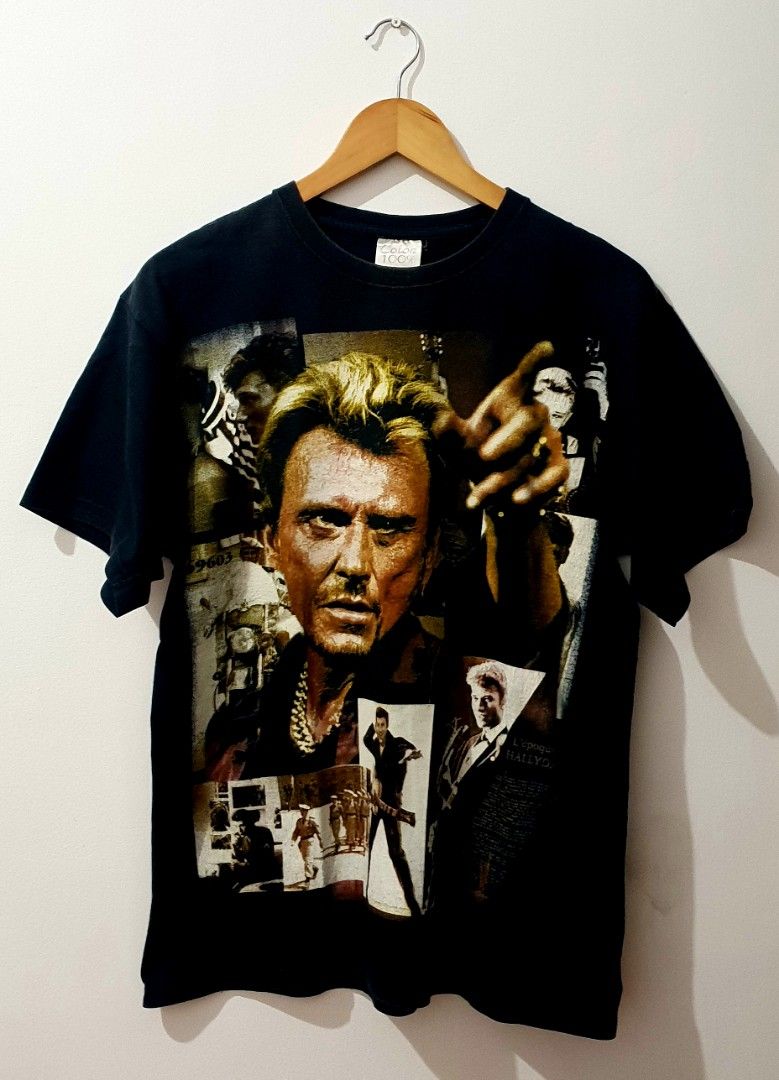 Vintage Johnny Hallyday (Rap Tee style) (Category: Tshirts & Polo Shirts ) located in Taguig. Submitted by thriftedminds (Listing ID 1452648953, Image 1). Description: Item: Johnny Hallyday (Rap Tee style)🔥 Size: Euro Tag 100% Cotton Width: 20 Length: 27.5 Condition: Excellent Issue: Uneven fade, Hairline DM to purchase 📩.