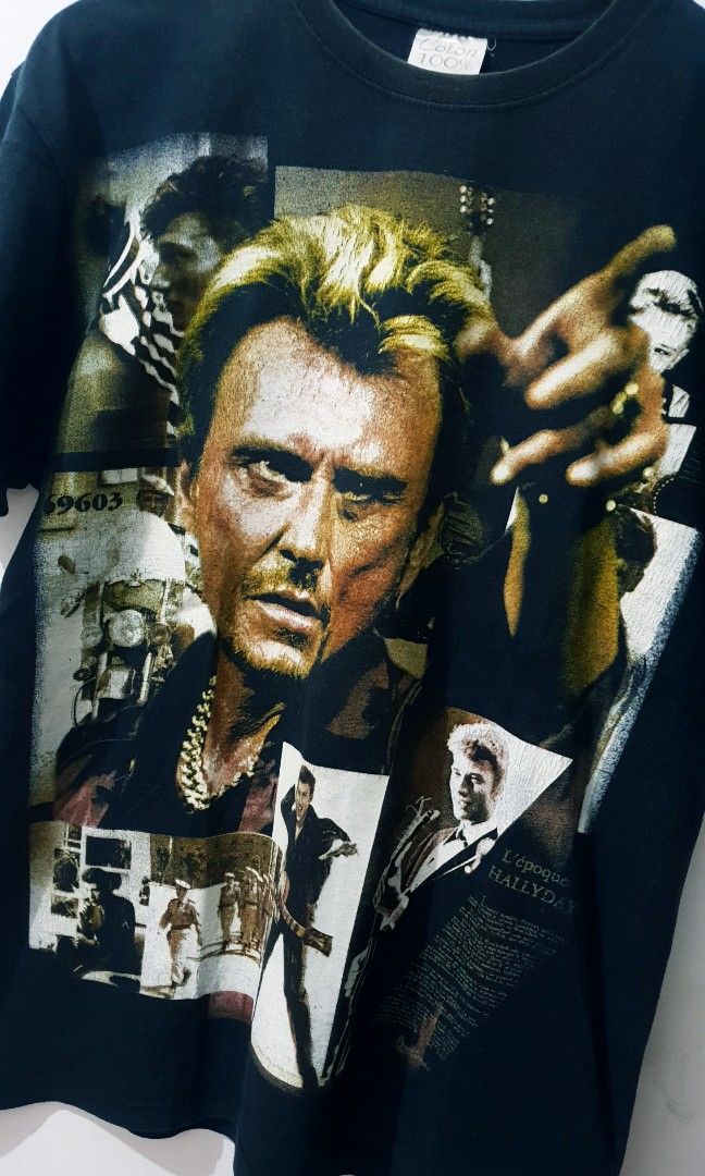 Vintage Johnny Hallyday (Rap Tee style) (Category: Tshirts & Polo Shirts ) located in Taguig. Submitted by thriftedminds (Listing ID 1452648953, Image 3). Description: Item: Johnny Hallyday (Rap Tee style)🔥 Size: Euro Tag 100% Cotton Width: 20 Length: 27.5 Condition: Excellent Issue: Uneven fade, Hairline DM to purchase 📩.