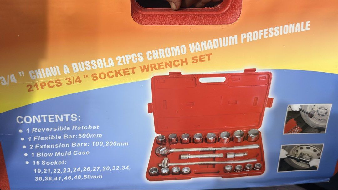 21pcs 3/4” Chrome Vanadium Socket Wrench Set (Category: Construction Tools & Equipment) located in Manila. Submitted by ren242888 (Listing ID 1447459140, Image 1). Description: Brand new 21-piece 3/4” heavy-duty socket wrench set with chrome vanadium finish. Ideal for trucks, machinery, heavy equipment, and industrial/mechanic use. Includes: ✅ Reversible ratchet ✅ 500mm flexible bar ✅ 100mm & 200mm extension bars ✅ 16 sockets: 19mm to 50mm ✅ Dura