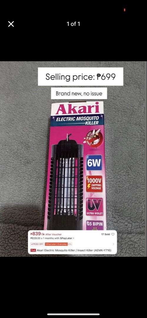 Akari electric mosquito killer (Category: Home Improvement Tools & Accessories) located in Cavite. Submitted by peculyard (Listing ID 1447415424, Image 1). Description: ✅Brand New never been used ✅Akari brand kaya best if naghahanap ng pang matagalan at di masisira agad ✅ Low price because SRP is ₱839 ✅ RFS: napanalunan lang sa raffle and meron ng isa pa 📍meetup: alabang, cavite or Pasay.