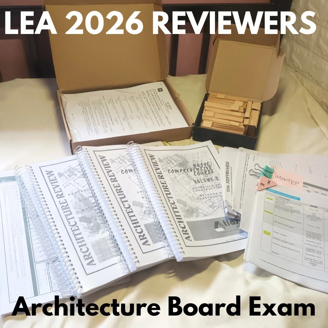 Architecture Board Exam Reviewers (Category: Textbooks) located in Santa Rosa. Submitted by ViancaVinarao (Listing ID 1447367010, Image 1). Description: ARCHITECTURE BOARD EXAM REVIEWERS FOR SALE! Hi Future Architect! LEA June 2026 passer here. Selling my materials that helped me in my review journey✨ Take all for P3700 1. Tapnatser Architecture Mock Exam Complete 7 Sets - P1200 (Includes answer keys and answer sheets. Only 2 sets have writings) 