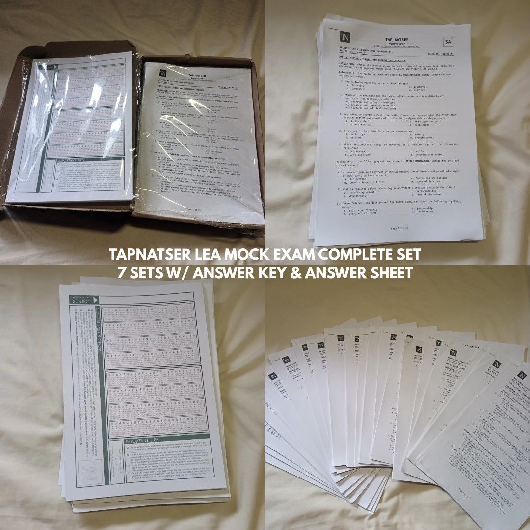 Architecture Board Exam Reviewers (Category: Textbooks) located in Santa Rosa. Submitted by ViancaVinarao (Listing ID 1447367010, Image 2). Description: ARCHITECTURE BOARD EXAM REVIEWERS FOR SALE! Hi Future Architect! LEA June 2026 passer here. Selling my materials that helped me in my review journey✨ Take all for P3700 1. Tapnatser Architecture Mock Exam Complete 7 Sets - P1200 (Includes answer keys and answer sheets. Only 2 sets have writings) 
