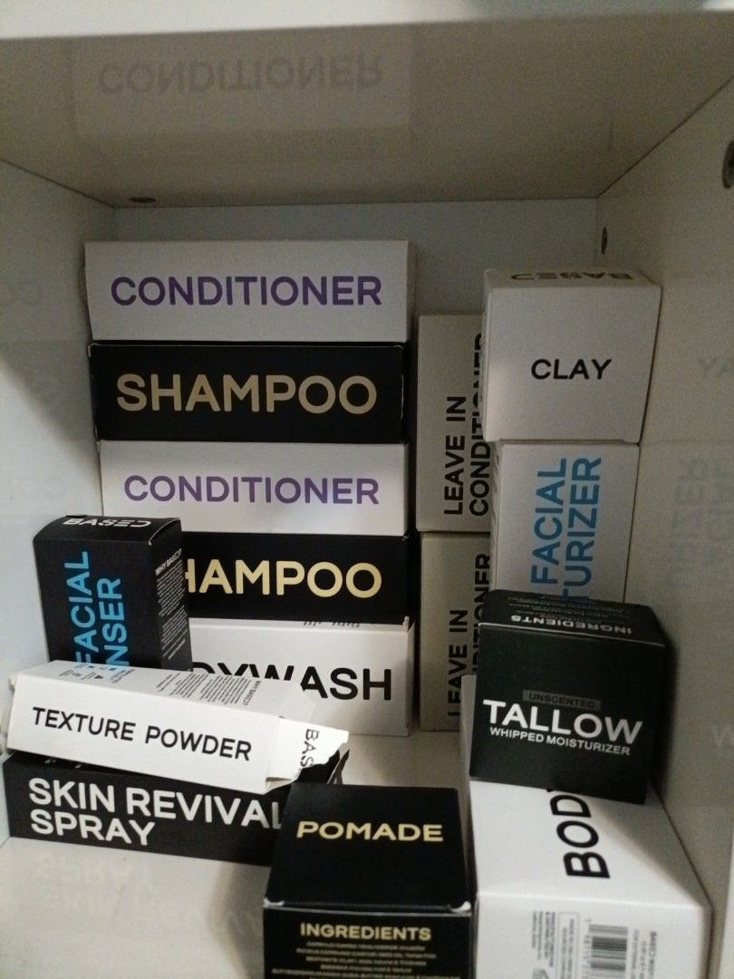 Authentic BASED EMPTY boxes for display READ DESCRIPTION! (Category: Hair) located in Singapore. Submitted by pickleswhr (Listing ID 1447331977, Image 1). Description: Shampoo empty box -$4 conditioner empty box-$4 body wash EMPTY box-$5 Beef tallow empty box -$8(RARE) Cleanser and moisturizer empty box-$10 for both Skin revival spray-$5 pomade empty box-$4 Clay empty box-$4 Leave in empty box-$4 texture powder empty box -$2 as broken.