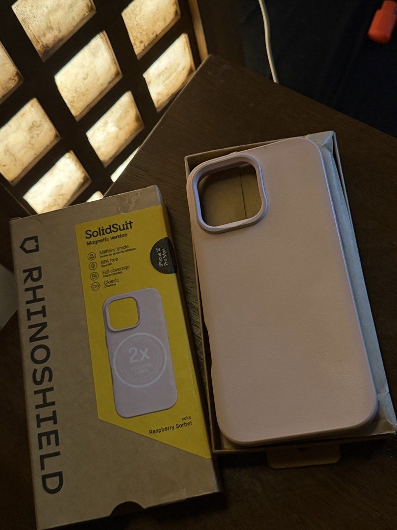 Authentic Rhinoshield SolidSuit case in Raspberry Sorbet for iPhone 16 Pro Max (Category: Cases & Sleeves) located in Caloocan City. Submitted by j777d (Listing ID 1447352028, Image 1). Description: - Authentic Rhinoshield SolidSuit case - Color: Raspberry Sorbet - Issue: Signs of yellowing - Magnetic version (MagSafe compatible) - Military-grade protection - Full coverage - Original price is 3,590.