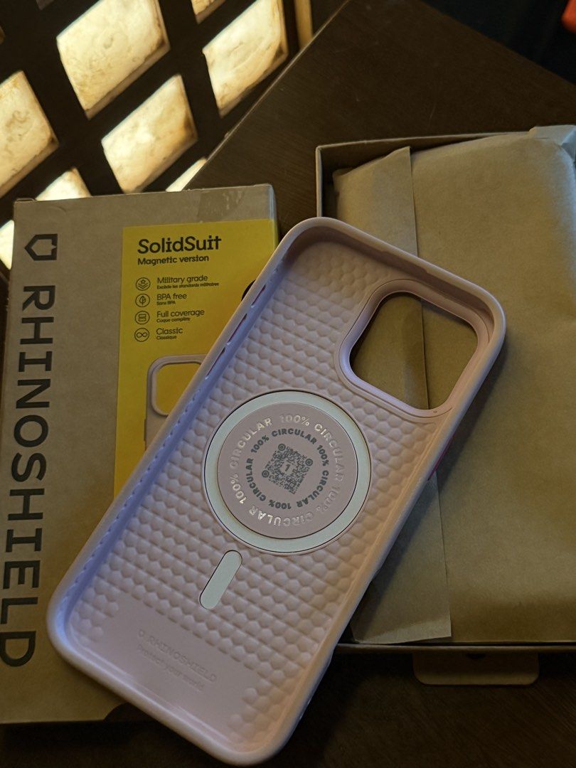 Authentic Rhinoshield SolidSuit case in Raspberry Sorbet for iPhone 16 Pro Max (Category: Cases & Sleeves) located in Caloocan City. Submitted by j777d (Listing ID 1447352028, Image 3). Description: - Authentic Rhinoshield SolidSuit case - Color: Raspberry Sorbet - Issue: Signs of yellowing - Magnetic version (MagSafe compatible) - Military-grade protection - Full coverage - Original price is 3,590.