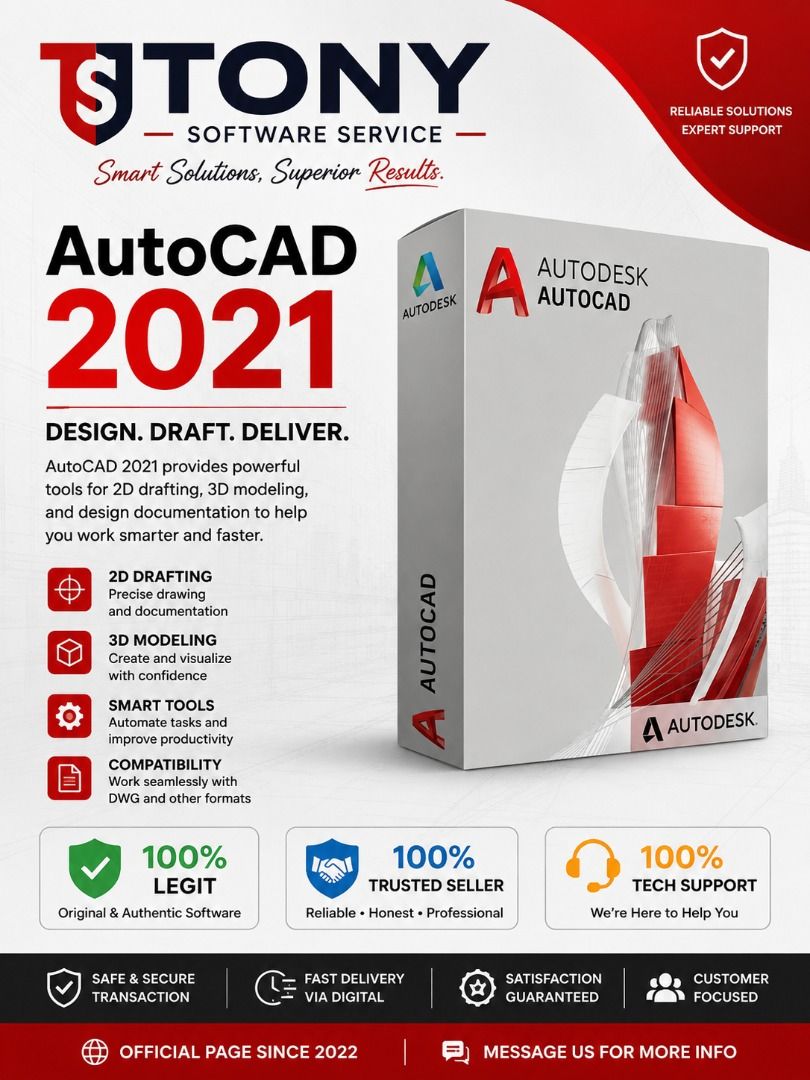 AutoCAD 2021 (Category: Software) located in Cavite. Submitted by tonysoftwareservices05 (Listing ID 1447319756, Image 1). Description: The "100% LEGIT", "100% TRUSTED SELLER", and "PROOF OF REVIEWS" badges from the bottom 100% Legit. 100% Guaranteed. Don't risk downloading malicious files or dealing with broken software. Tony Software Service delivers performance you can trust. Verified 5-Star Seller ⭐⭐⭐⭐⭐ 100% Proof of Positive Customer Reviews