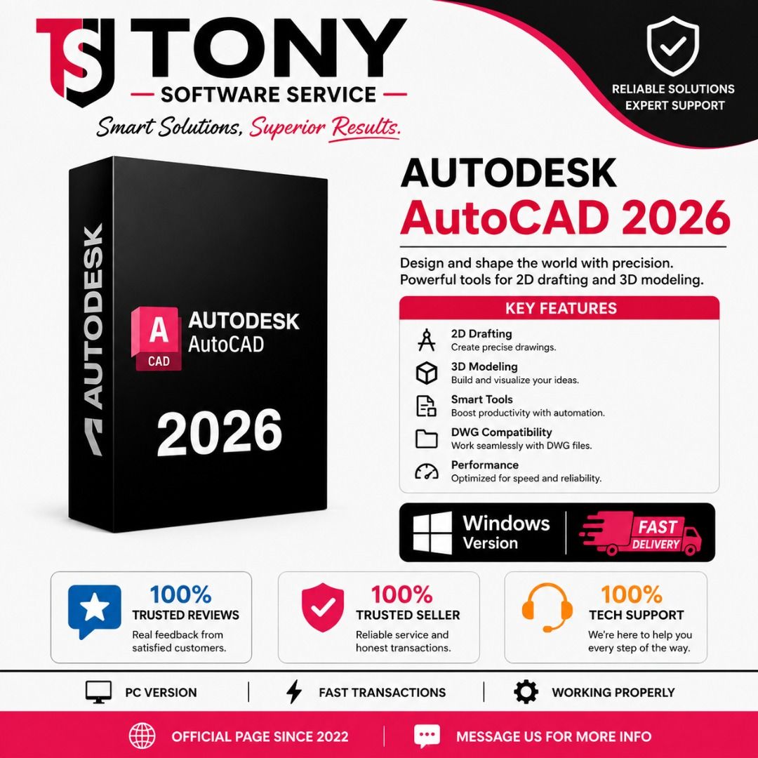 AutoCAD 2026 (Category: Software) located in Cavite. Submitted by tonysoftwareservices05 (Listing ID 1447320697, Image 1). Description: The "100% LEGIT", "100% TRUSTED SELLER", and "PROOF OF REVIEWS" badges from the bottom 100% Legit. 100% Guaranteed. Don't risk downloading malicious files or dealing with broken software. Tony Software Service delivers performance you can trust. Verified 5-Star Seller ⭐⭐⭐⭐⭐ 100% Proof of Positive Customer Reviews