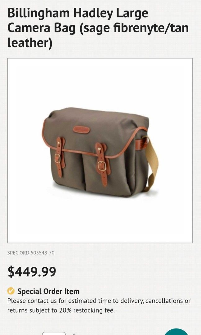 BILLINGHAM "HADLEY LARGE" (Category: Luxury Bags & Wallets) located in Davao. Submitted by wonderwallnnipz91 (Listing ID 1447452458, Image 2). Description: Details: Simple, slim and stylish camera bag. Can carry a mid-sized DSLR or compact system (mirrorless) camera with space for 2-4 extra lenses, including a 70-200mm lens attached to the camera. Made in England with 3-layer waterproof fabric and real leather. Features: • External dimensions: W3