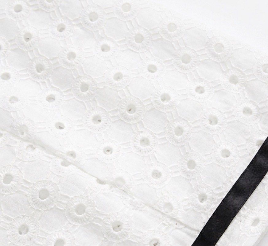 BKK White Eyelet Top (Category: Blouses) located in San Jose del Monte. Submitted by declothering_ph (Listing ID 1447366165, Image 3). Description: - White eyelet top - Puff sleeves - Black ribbon tie at the front - Smocked back for a comfortable fit - Split hem design - Airy and cute style - fits small to med .
