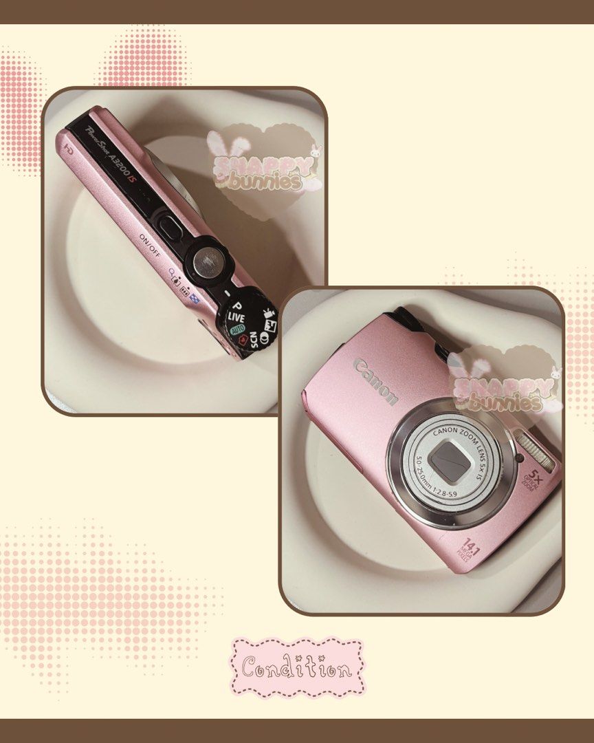 Canon Powershot A3200 IS (Category: Cameras) located in Manila. Submitted by skiyoosmi (Listing ID 1447378556, Image 2). Description: ⩇⩇﹒﹒﹒ canon powershot A3200 is [ baby pink ] ── ・⸝⸝ ⟢ ⸝⸝・ ── ◟ ˃˂﹐ 🥨 details 🍰 flash, zoom & all buttons working 🍰 body cosmetic 8.5/10 🍰 14.1 mp ccd sensor optical image stabilization, 5x optical zoom 🍰 720p HD video resolution ◟ ˃˂﹐🍡﹒ honest issue ﹒﹒ has lcd burn but does not affect output. left button is a