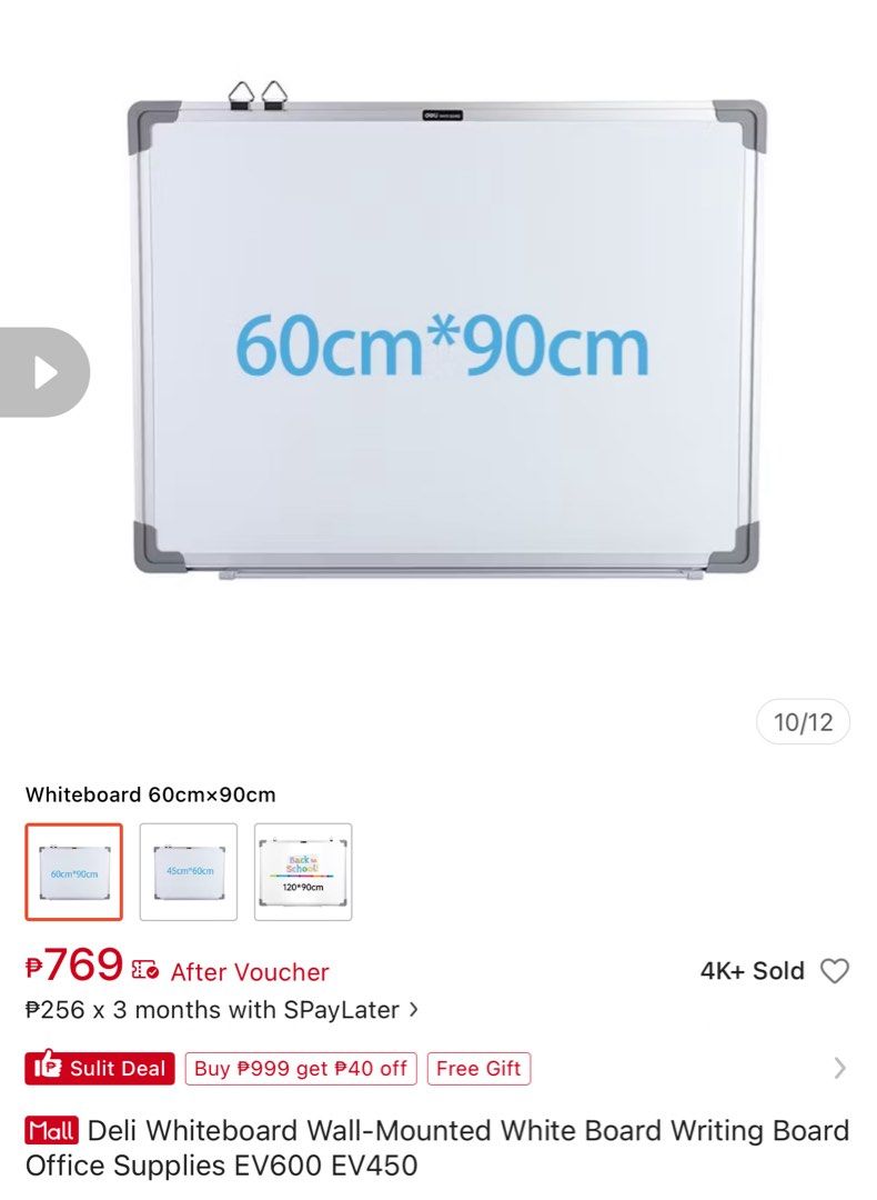 DELI WHITE BOARD (BIG, 60cm*90cm) (Category: Stationery & School Supplies) located in Manila. Submitted by cystdetective9090 (Listing ID 1447405428, Image 1). Description: - Brand: DELI - Size: 60cm x 90cm (Big) - Type: Wall-Mounted White Board - Frame: Durable aluminum - Surface: Smooth and easy to erase - Ideal for: Office, school, home use.