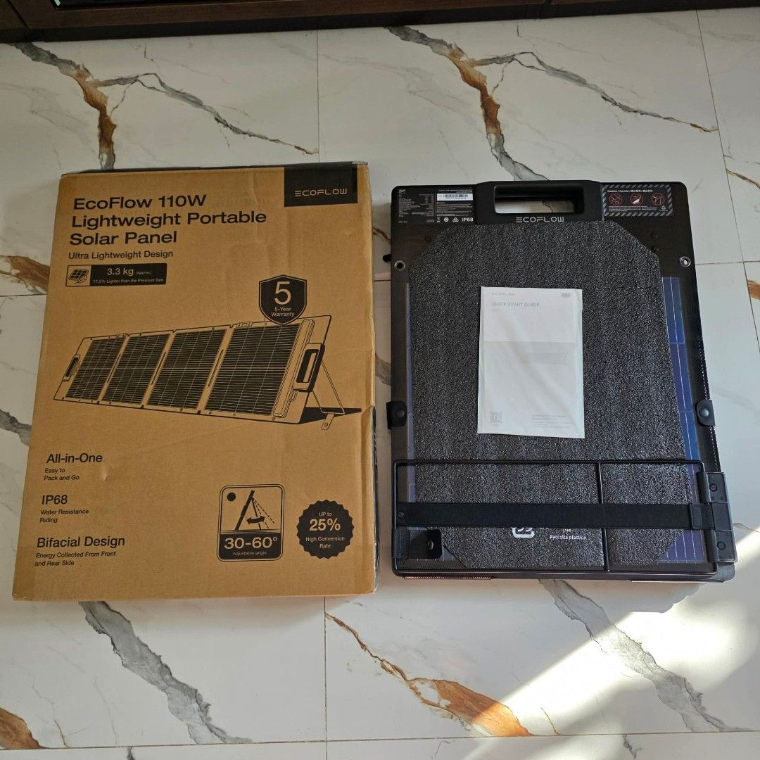 ECOFLOW FOLDABLE 110W LIGHTWEIGHT BI-FACIAL SOLAR PANEL (Category: Batteries & Chargers) located in Bulacan. Submitted by iamvanillapeach (Listing ID 1447293935, Image 1). Description: Ecoflow foldable 110w lightweight bi-facial solar panel 1pc only.