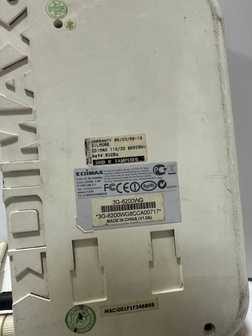 Edimax 3G-6200WG Wireless Router (Category: Networking) located in Valenzuela. Submitted by jochaaa011 (Listing ID 1447300509, Image 3). Description: - Edimax 3G-6200WG Wireless Router - Features 4 LAN ports and 2 USB ports - Comes with original power adapter - Tested and confirmed working - Minor dust and scuffs from previous use.