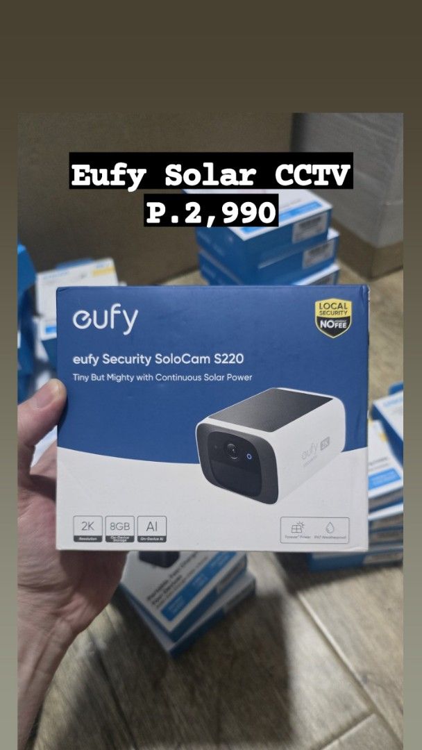 Eufy Security SoloCam S220 Solar CCTV (Category: Security Systems & CCTV Cameras) located in Malabon City. Submitted by hyruwatchesandaccessories (Listing ID 1447458956, Image 1). Description: - Eufy Security SoloCam S220 - Solar-powered for continuous charging - Crystal clear 2K resolution - Built-in 8GB local storage (no monthly fees!) - AI detection for smarter security - Compact and discreet design - Perfect for home security.