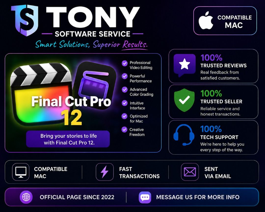 Final Cut Pro (Mac (Category: Software) located in Cavite. Submitted by tonysoftwareservices05 (Listing ID 1447320806, Image 1). Description: The "100% LEGIT", "100% TRUSTED SELLER", and "PROOF OF REVIEWS" badges from the bottom 100% Legit. 100% Guaranteed. Don't risk downloading malicious files or dealing with broken software. Tony Software Service delivers performance you can trust. Verified 5-Star Seller ⭐⭐⭐⭐⭐ 100% Proof of Positive Customer R