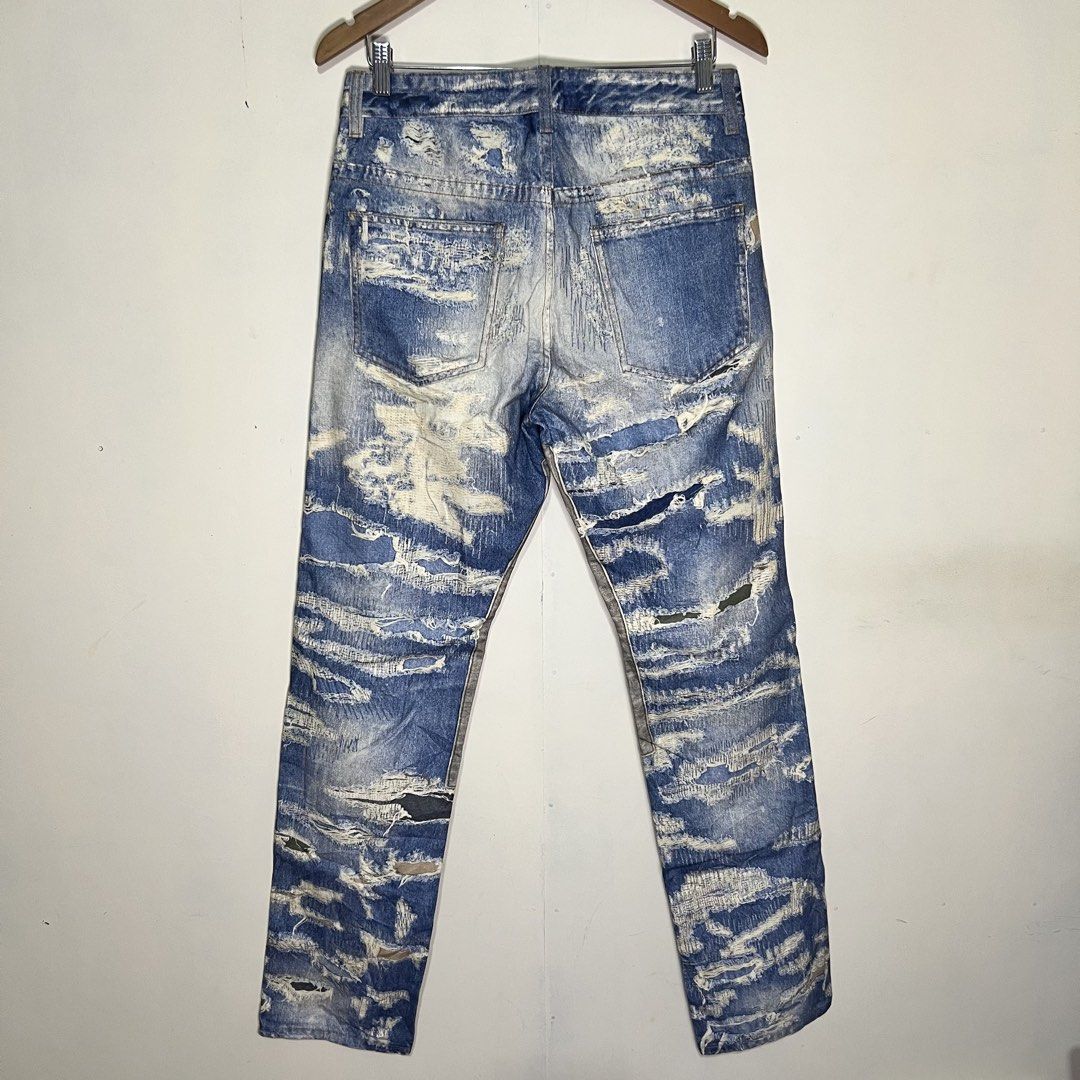 Givenchy - FW22 Matthew Williams Moleskin Distressed Jeans (Category: Jeans) located in Puerto Princesa. Submitted by theoldtreasures (Listing ID 1447433130, Image 2). Description: **This is not boro *subli/printed** Size: 30 No issue EUC Color may vary due to lightning Measurements: 15” waist 45” length 7.8” leg opening 11” front rise Manage your expectations. Thrifted ‼️.