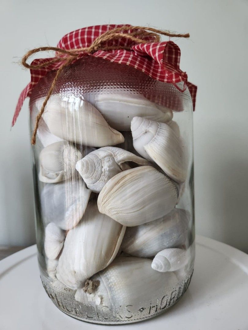 Glass Jar Filled with Seashells (Category: Vases & Decorative Bowls) located in Kuala Lumpur. Submitted by gentlepenguin.6b8aad (Listing ID 1447363938, Image 1). Description: - Decorative glass jar filled with assorted seashells. - Topped with charming red gingham fabric and twine. - Stands approximately 8 inches tall. - Ideal for coastal, beach-themed, or natural decor. - Adds a touch of nature to any room..