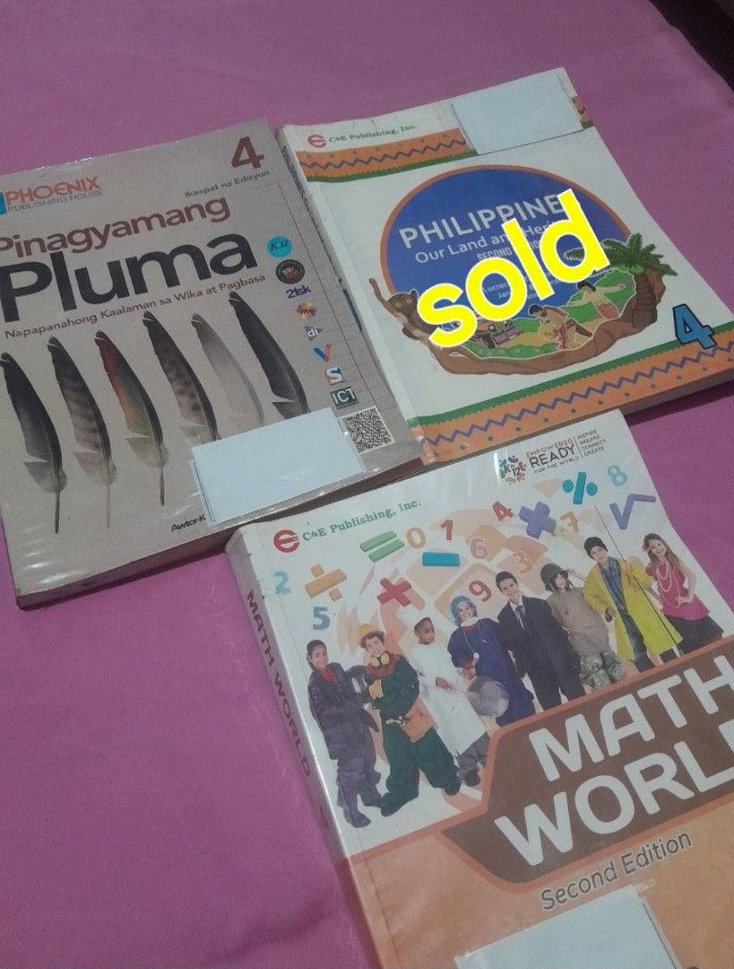 Grade 4 Textbooks: Math, Social Studies, Filipino (Category: Textbooks) located in Quezon City. Submitted by warmturtle.ba931b (Listing ID 1445085236, Image 1). Description: - Grade 4 Textbook Bundle 150 php each book - Includes: Math World (Second Edition), Philippines: Our Land and Heritage [SOLD] Pinagyamang Pluma - Condition: Some pages have highlighting and notes - Ideal for: Review or supplementary learning - Selling as a bundle or individu
